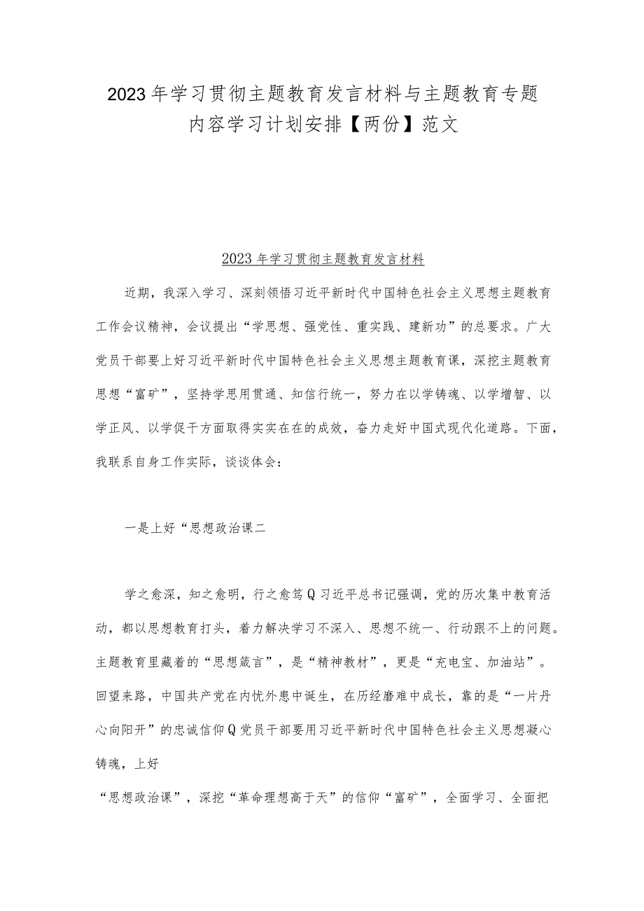 2023年学习贯彻主题教育发言材料与主题教育专题内容学习计划安排【两份】范文.docx_第1页