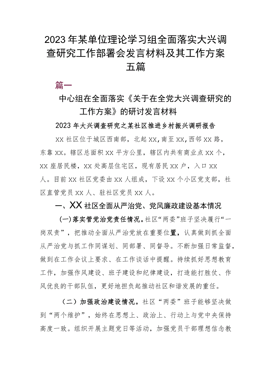 2023年某单位理论学习组全面落实大兴调查研究工作部署会发言材料及其工作方案五篇.docx_第1页