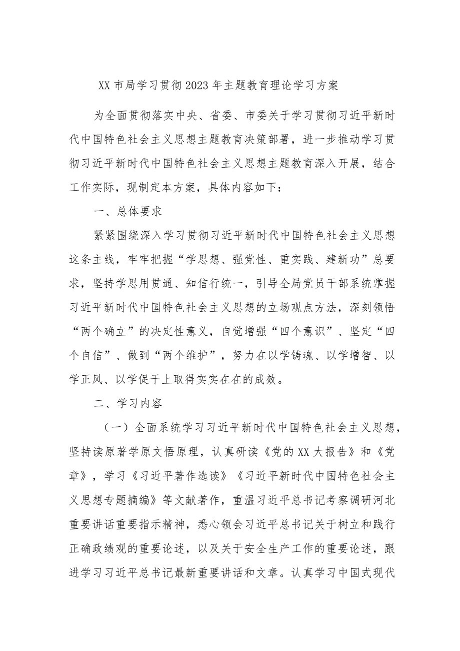 XX市局学习贯彻2023年主题教育理论学习方案.docx_第1页