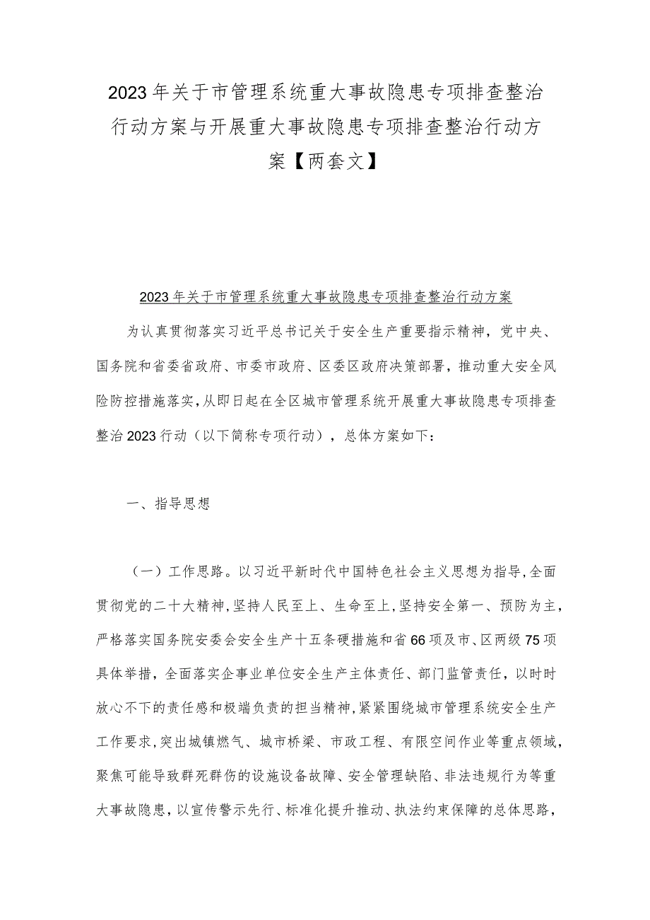 2023年关于市管理系统重大事故隐患专项排查整治行动方案与开展重大事故隐患专项排查整治行动方案【两套文】.docx_第1页