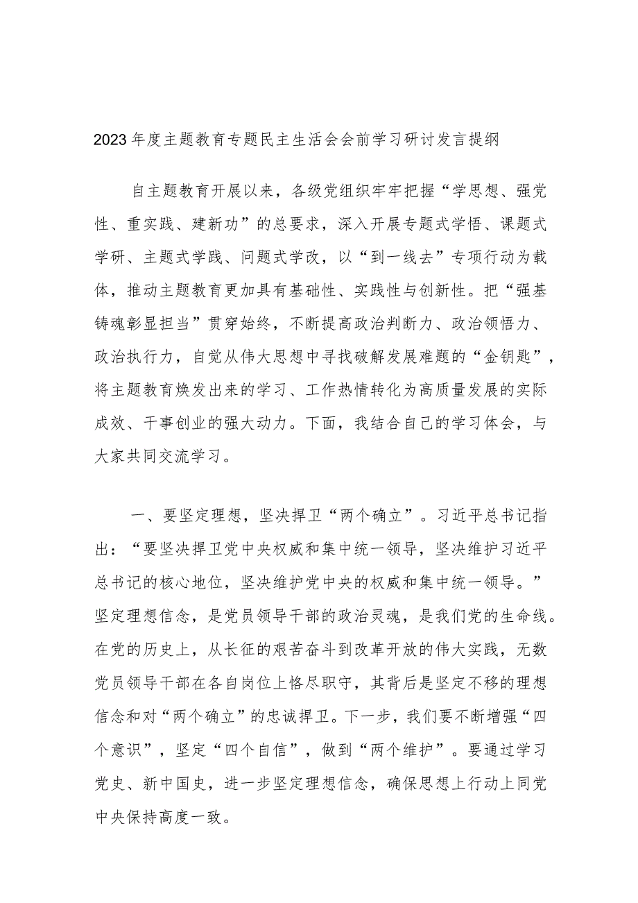 2023年度主题教育专题民主生活会会前学习研讨发言提纲 (5).docx_第1页