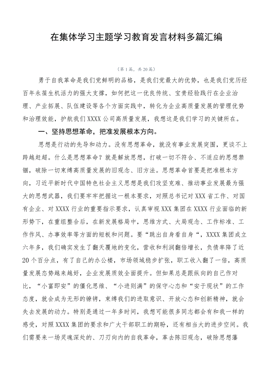 在集体学习主题学习教育发言材料多篇汇编.docx_第1页