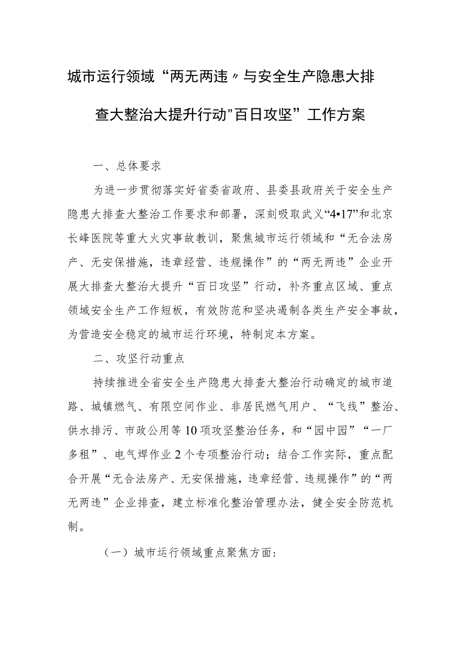 城市运行领域“两无两违”与安全生产隐患大排查大整治大提升行动“百日攻坚”工作方案.docx_第1页