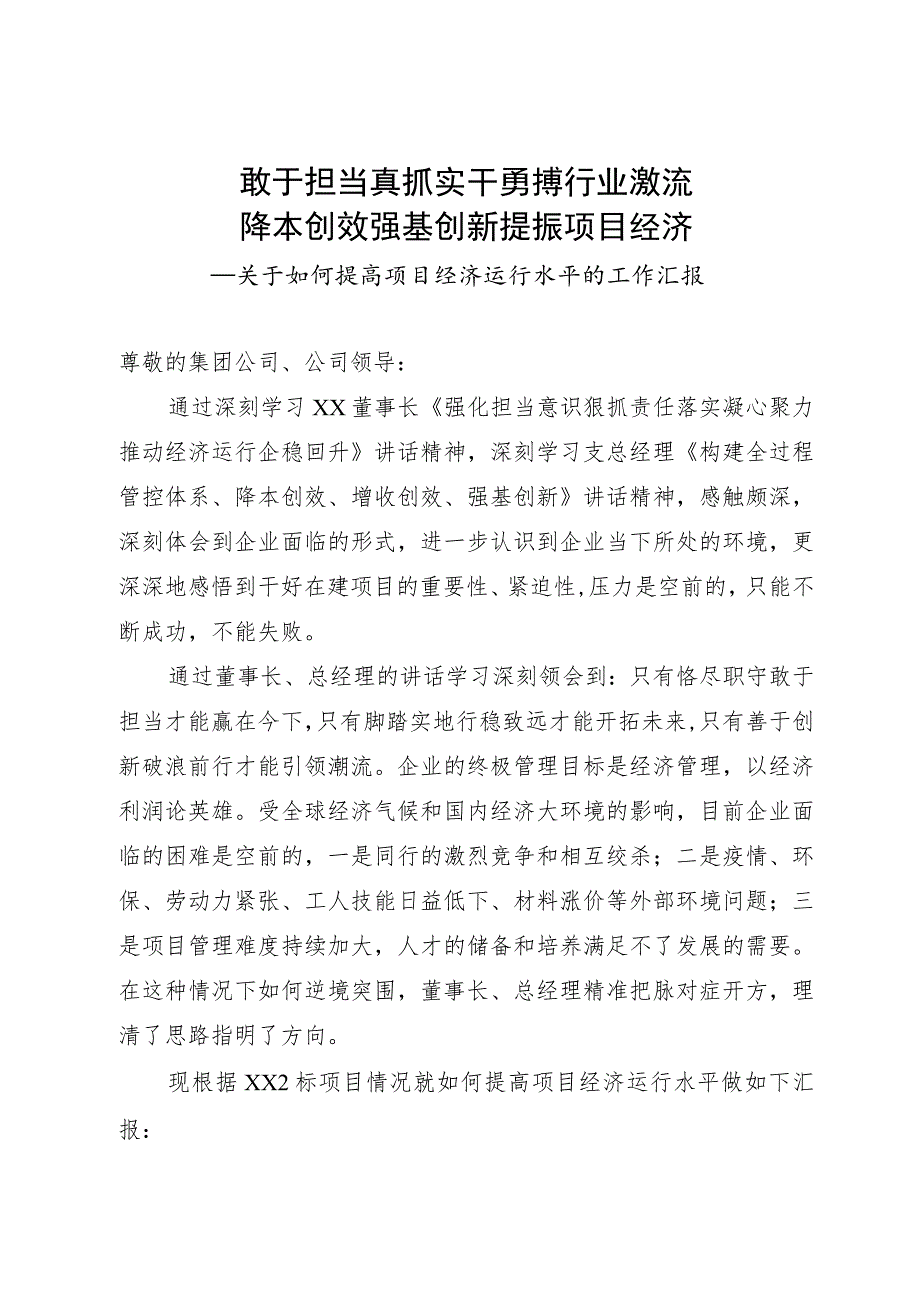 关于如何提高公司项目经济运行水平的工作汇报.docx_第1页