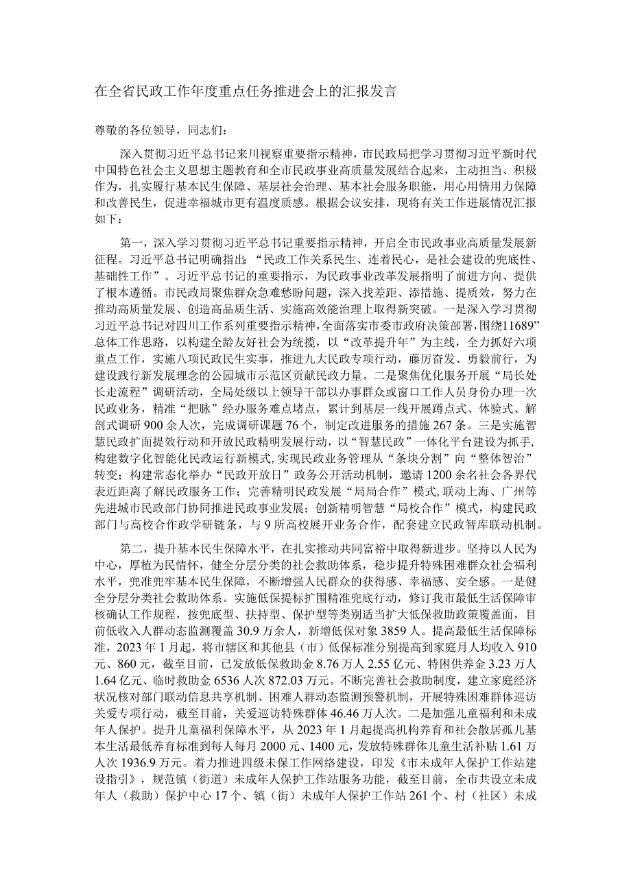 在全省民政工作年度重点任务推进会上的汇报发言.docx_第1页