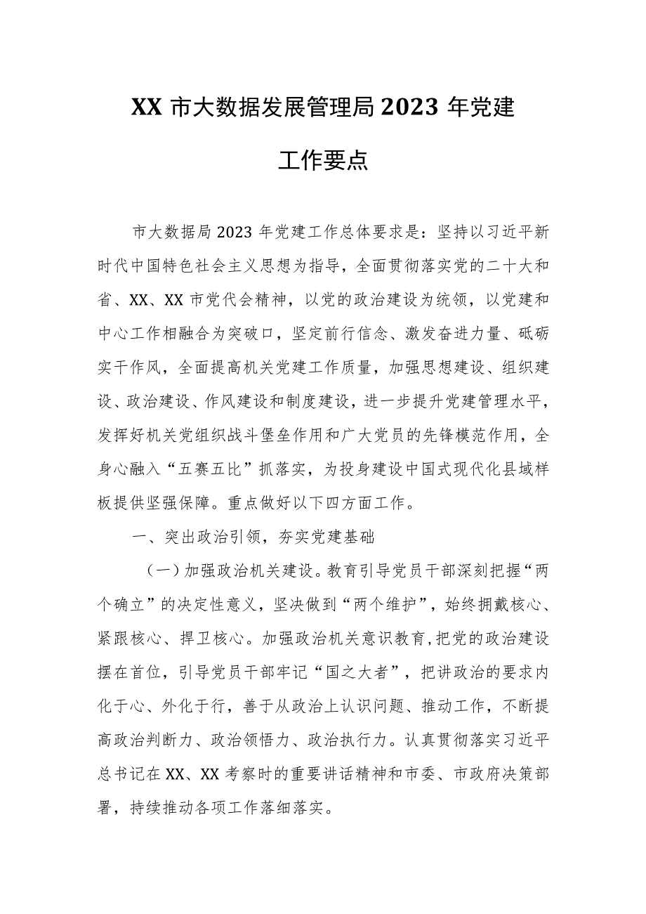 XX市大数据发展管理局2023年党建工作要点.docx_第1页