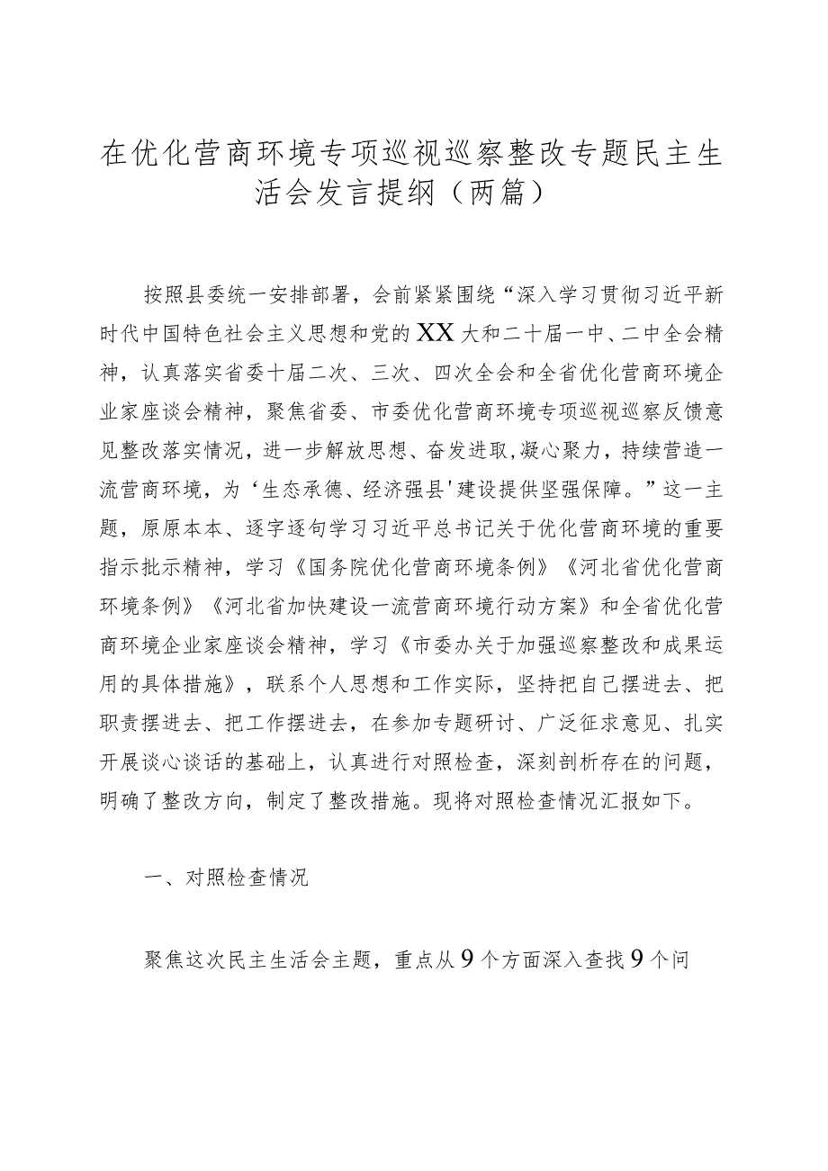 在优化营商环境专项巡视巡察整改专题民主生活会发言提纲（两篇）.docx_第1页