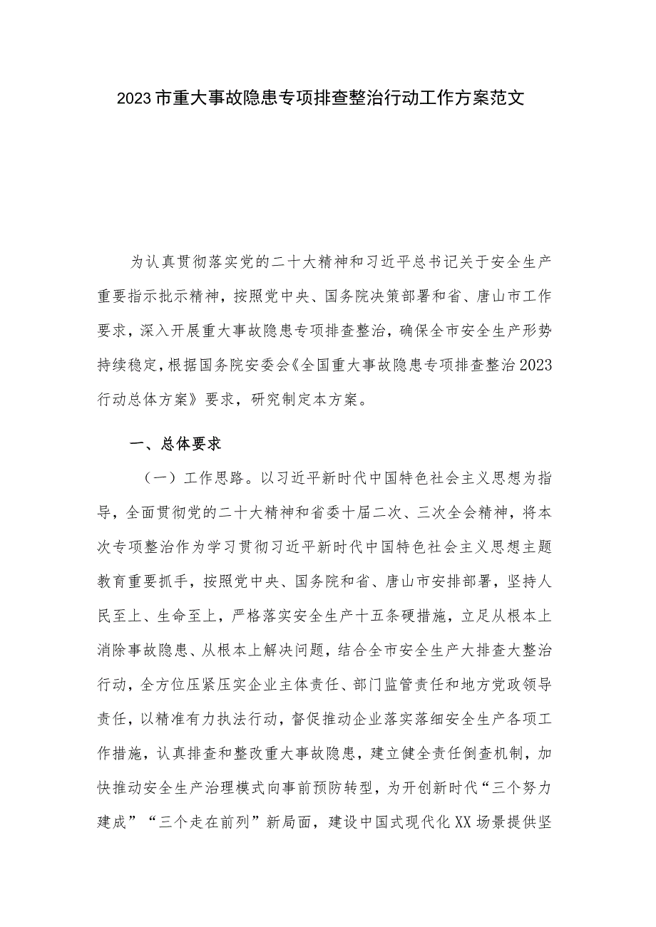 2023市重大事故隐患专项排查整治行动工作方案范文.docx_第1页