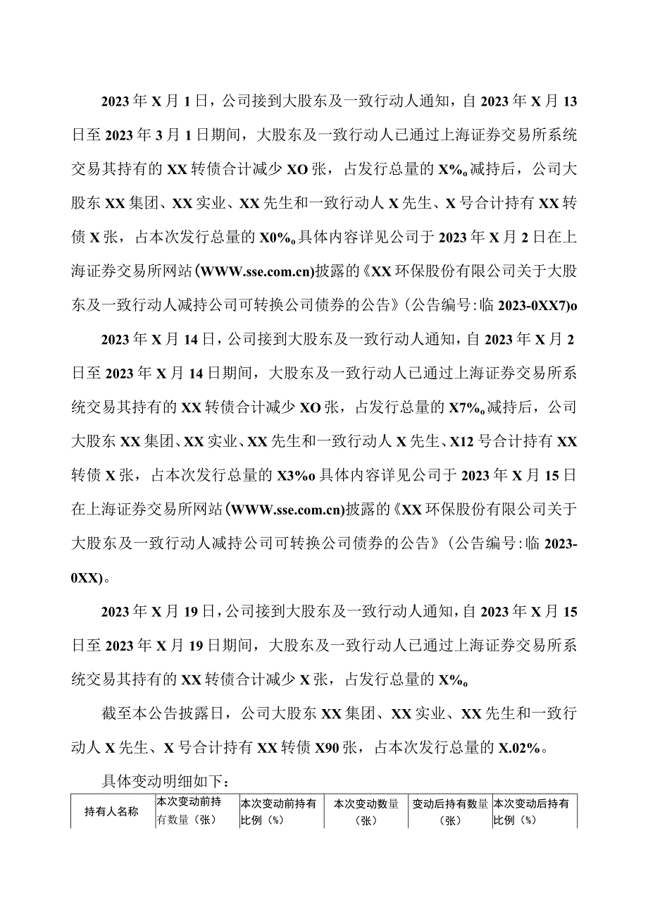 XX环保股份有限公司关于大股东及一致行动人减持公司可转换公司债券的公告.docx_第2页