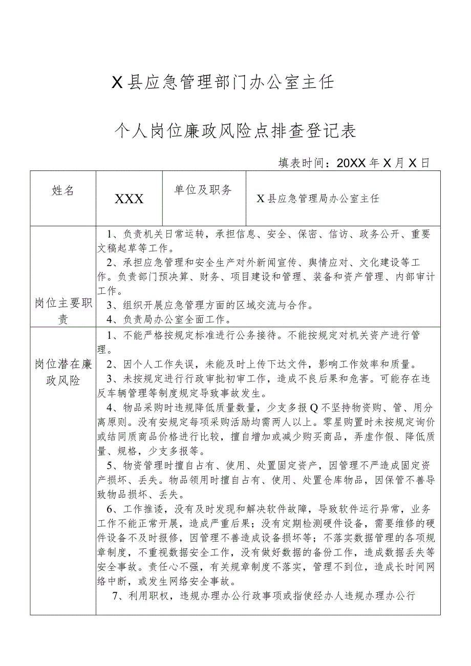 X县应急管理部门办公室主任个人岗位廉政风险点排查登记表.docx_第1页