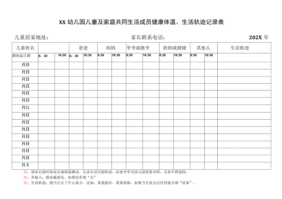 XX幼儿园儿童及家庭共同生活成员健康体温、生活轨迹记录表（2023年）.docx_第1页