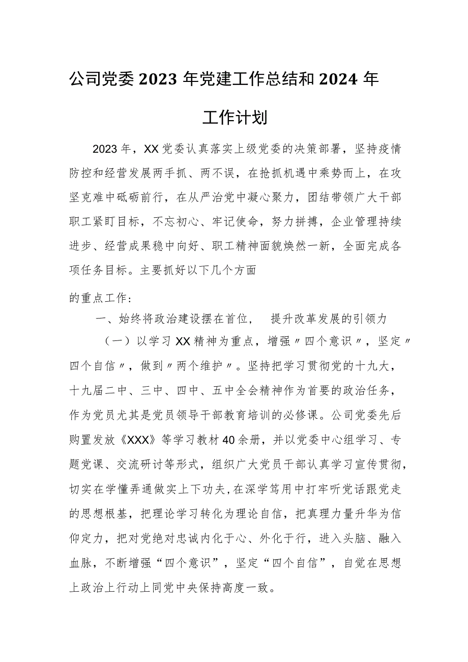 公司党委2023年党建工作总结和2024年工作计划.docx_第1页