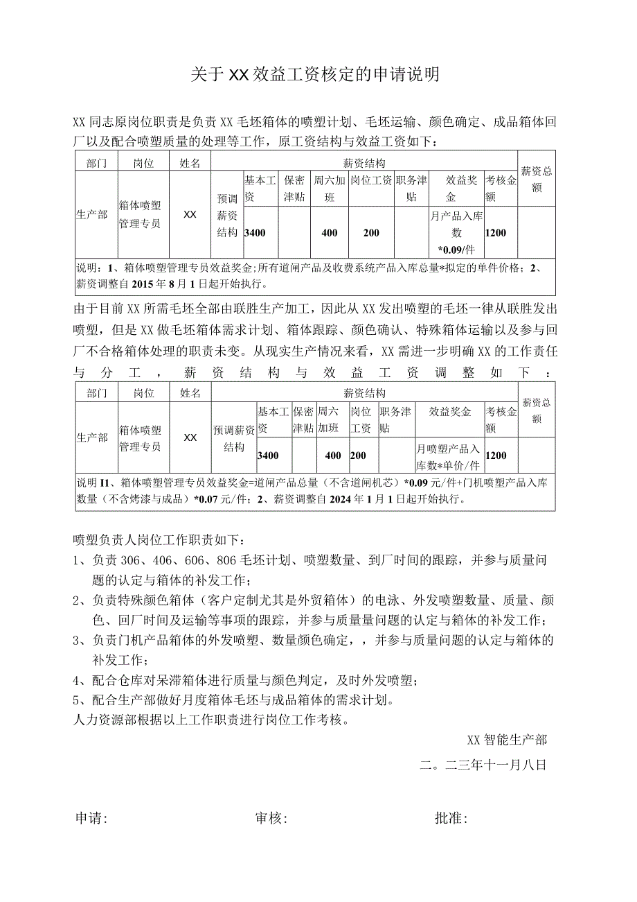 关于企业员工效益工资核定的申请说明.docx_第1页