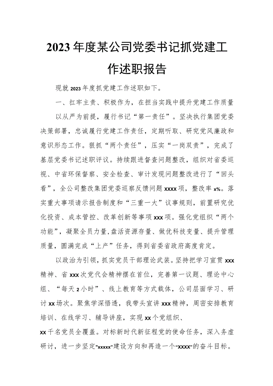 2023年度某公司党委书记抓党建工作述职报告.docx_第1页