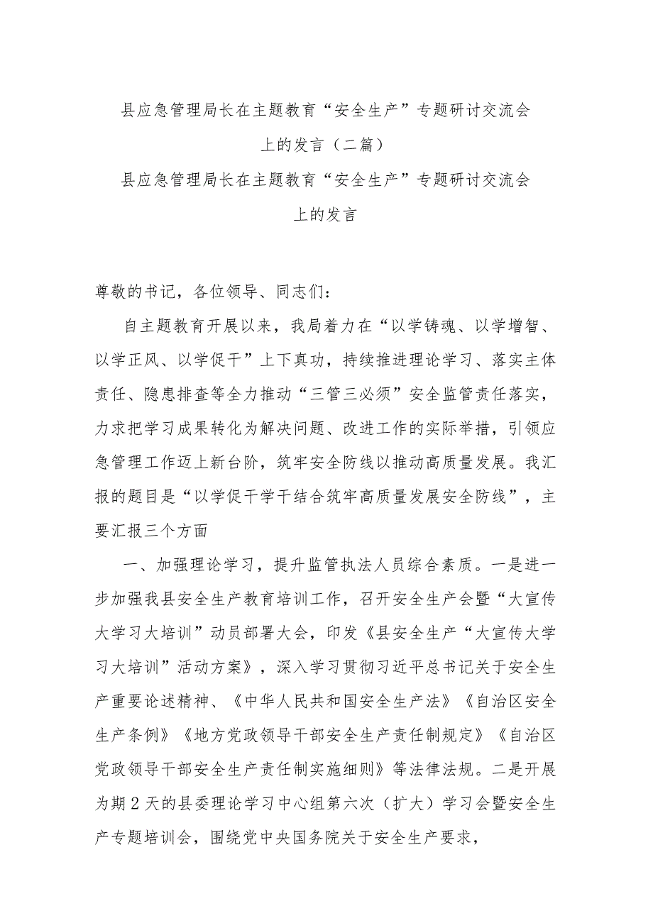 县应急管理局长在主题教育“安全生产”专题研讨交流会上的发言(二篇).docx_第1页