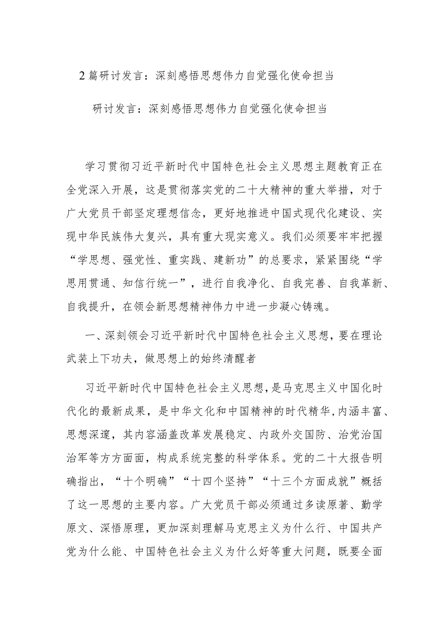 2篇研讨发言：深刻感悟思想伟力 自觉强化使命担当.docx_第1页