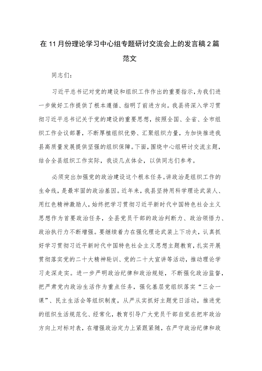 在11月份理论学习中心组专题研讨交流会上的发言稿2篇范文.docx_第1页