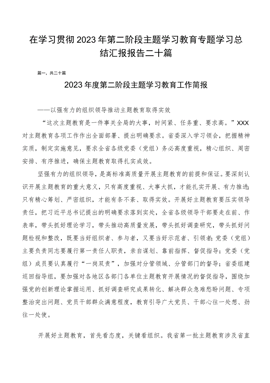 在学习贯彻2023年第二阶段主题学习教育专题学习总结汇报报告二十篇.docx_第1页