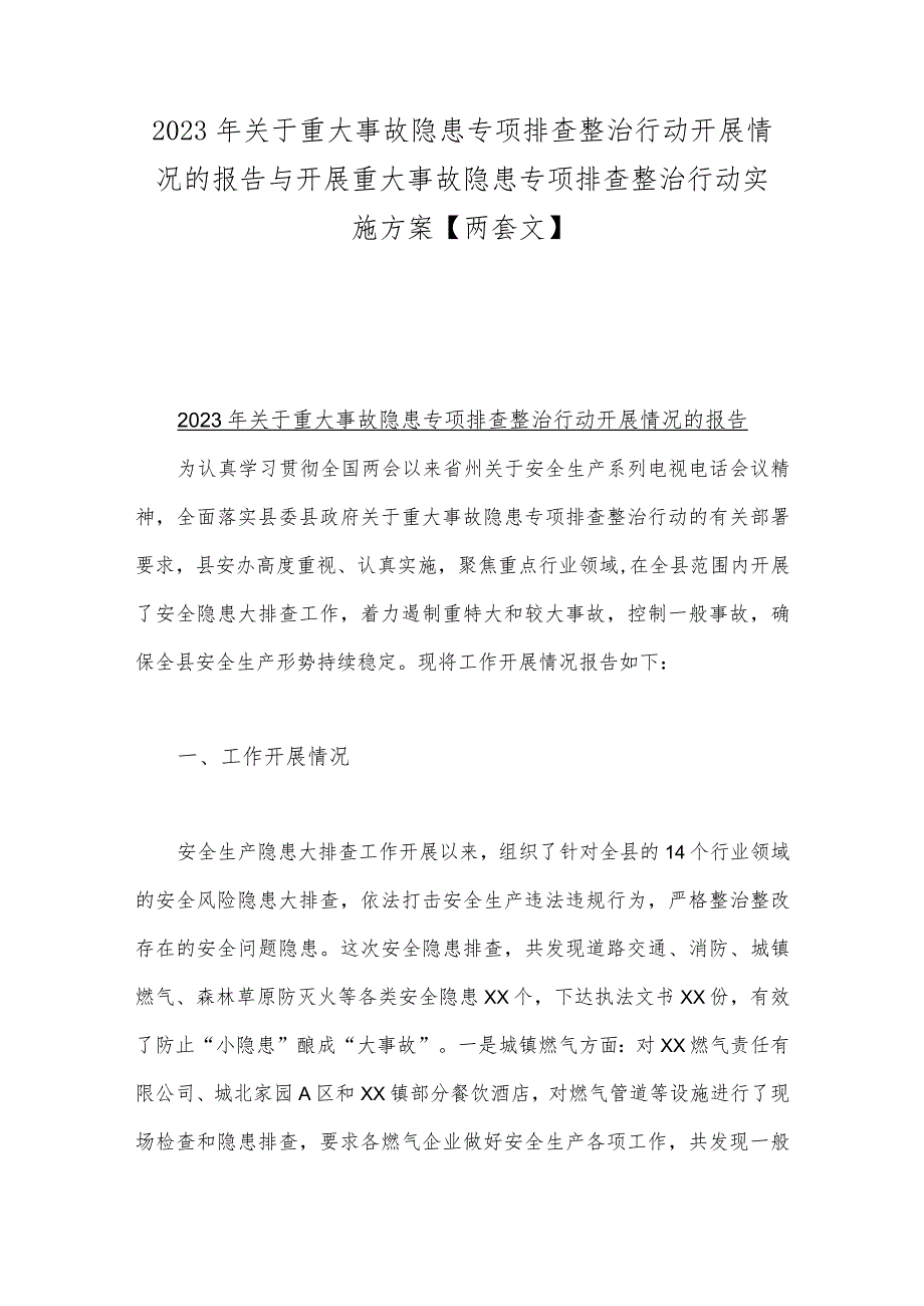 2023年关于重大事故隐患专项排查整治行动开展情况的报告与开展重大事故隐患专项排查整治行动实施方案【两套文】.docx_第1页