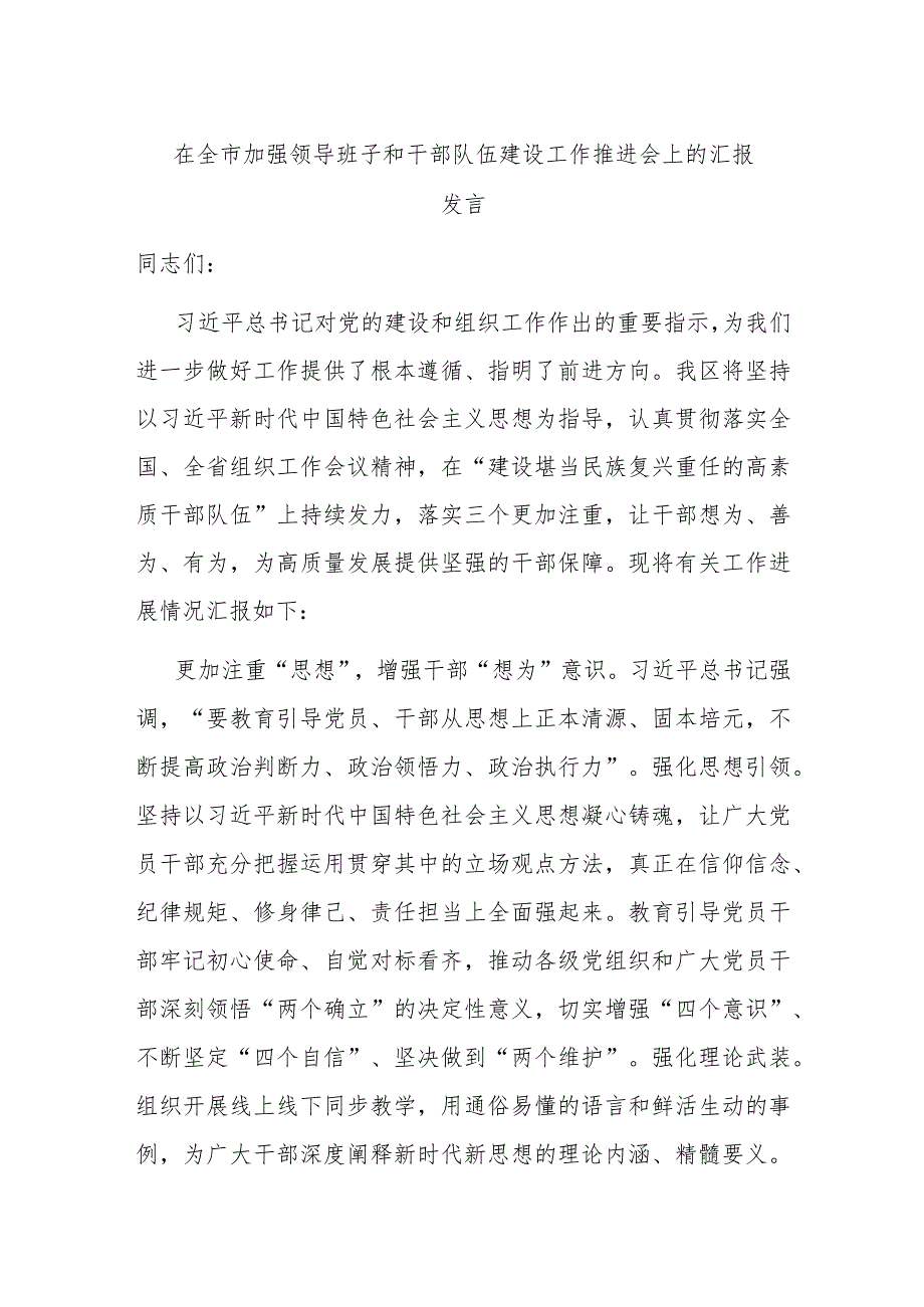 在全市加强领导班子和干部队伍建设工作推进会上的汇报发言.docx_第1页