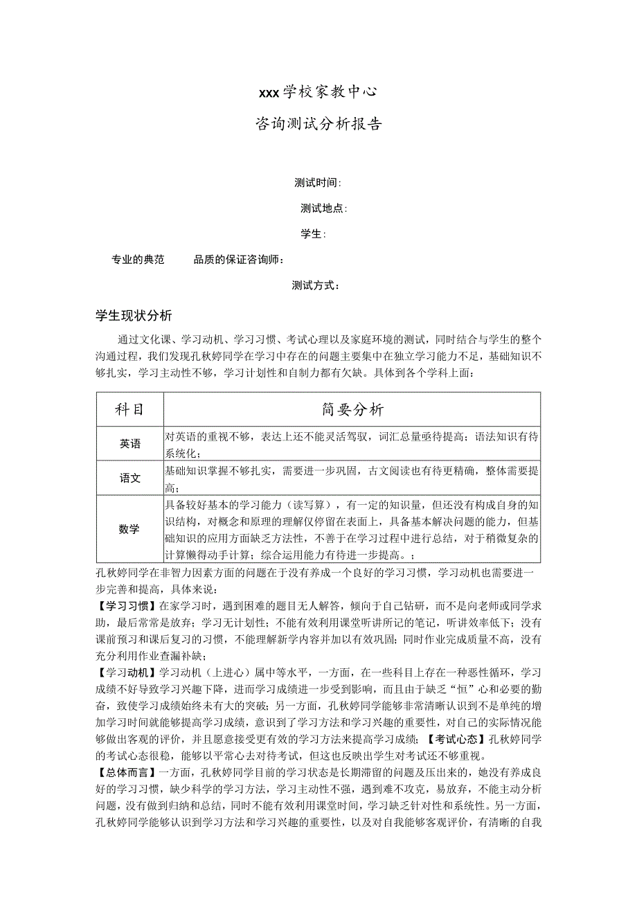 培训学校测试分析报告.docx_第1页