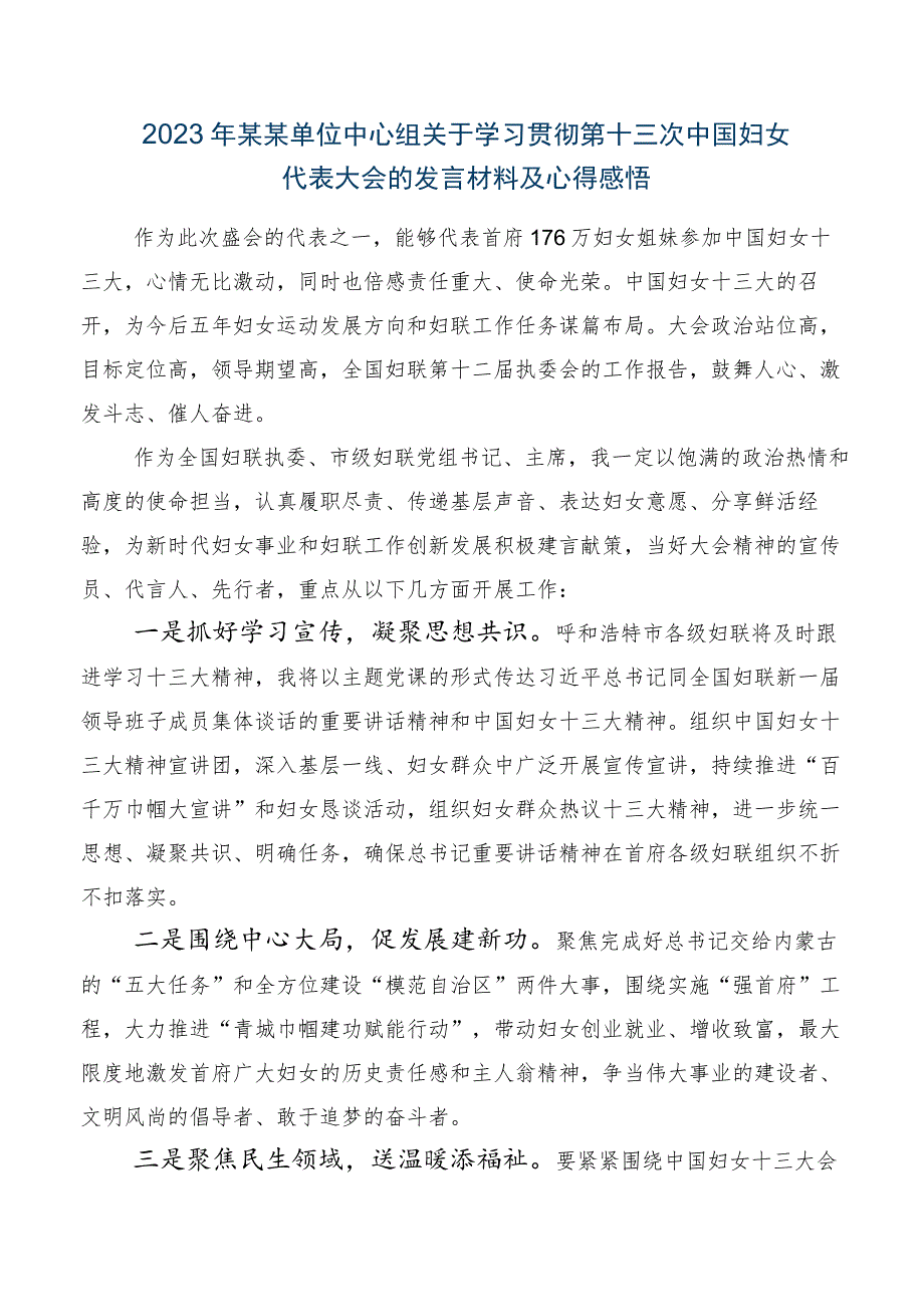 2023年中国妇女第十三次全国代表大会的交流发言材料及心得体会（7篇）.docx_第2页