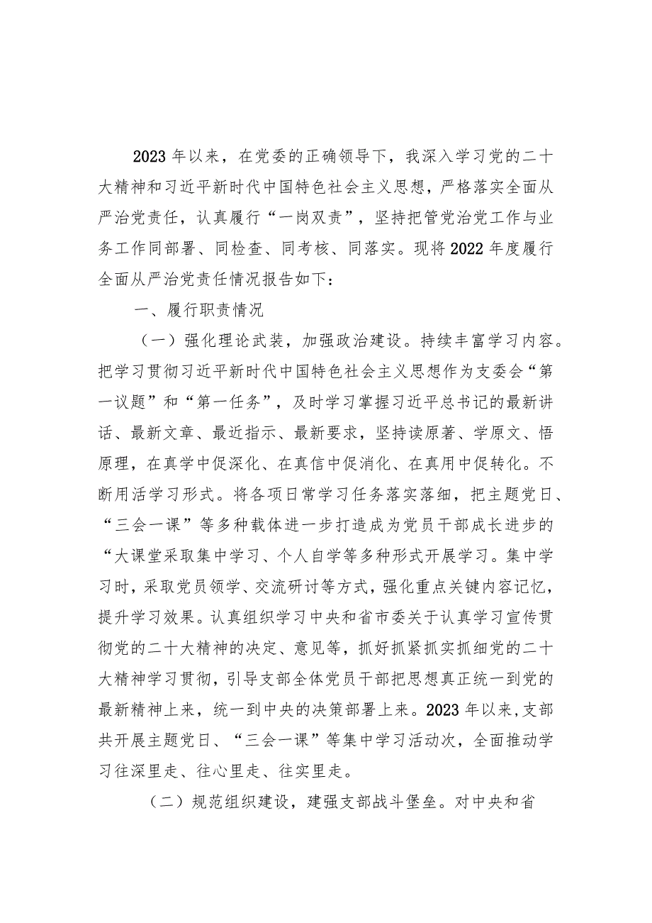 支部委员2023年度履行全面从严治党责任情况述职报告.docx_第1页