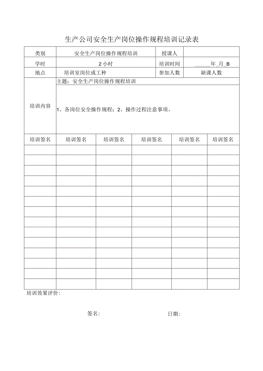 生产公司安全生产岗位操作规程培训记录表.docx_第1页