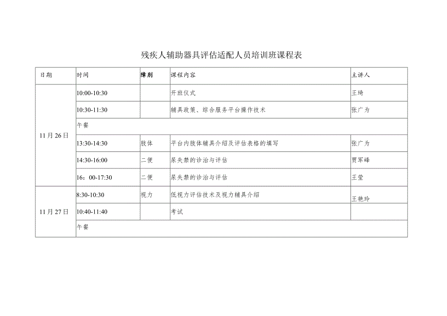 残疾人辅助器具评估适配人员培训班课程表.docx_第1页