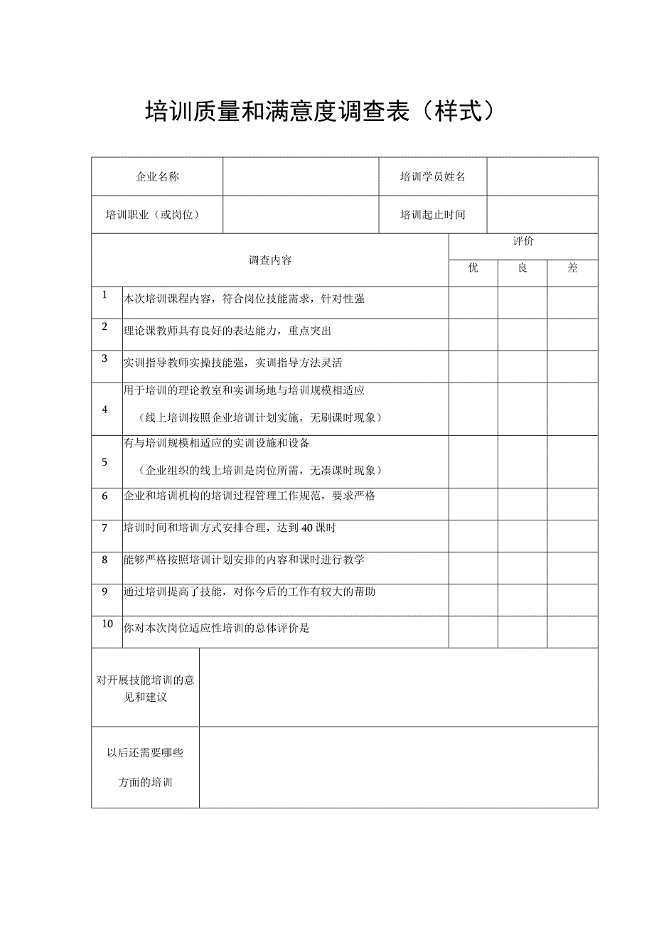 培训质量和满意度调查表样式.docx_第1页