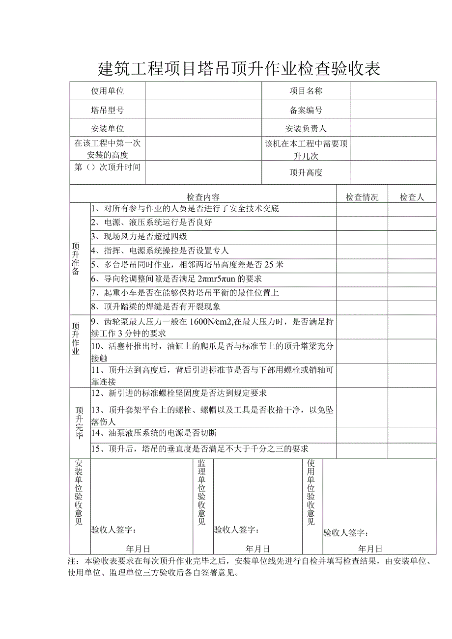 建筑工程项目塔吊顶升作业检查验收表.docx_第1页