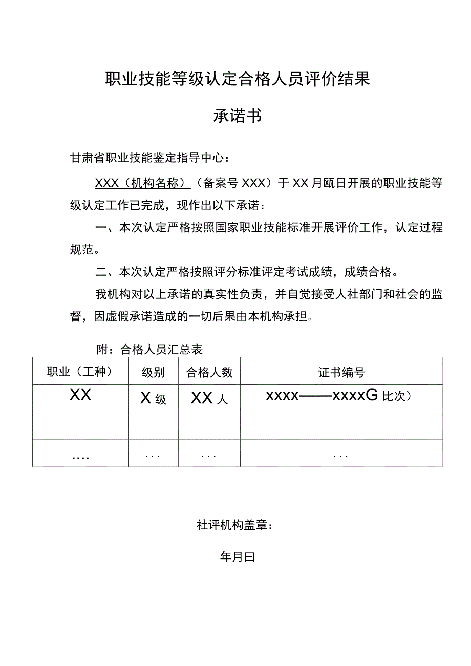 职业技能等级认定合格人员评价结果承诺书.docx_第1页