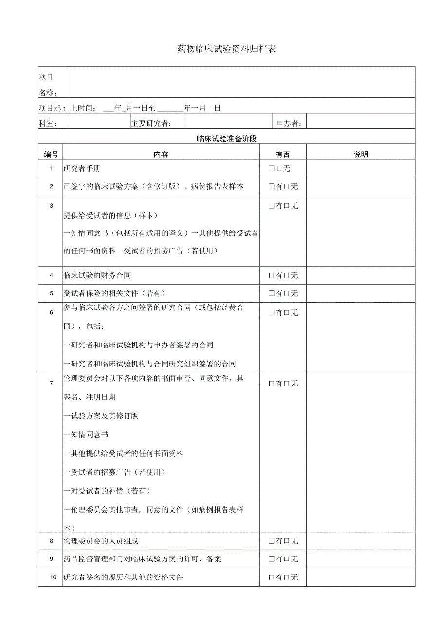 药物临床试验资料归档表.docx_第1页