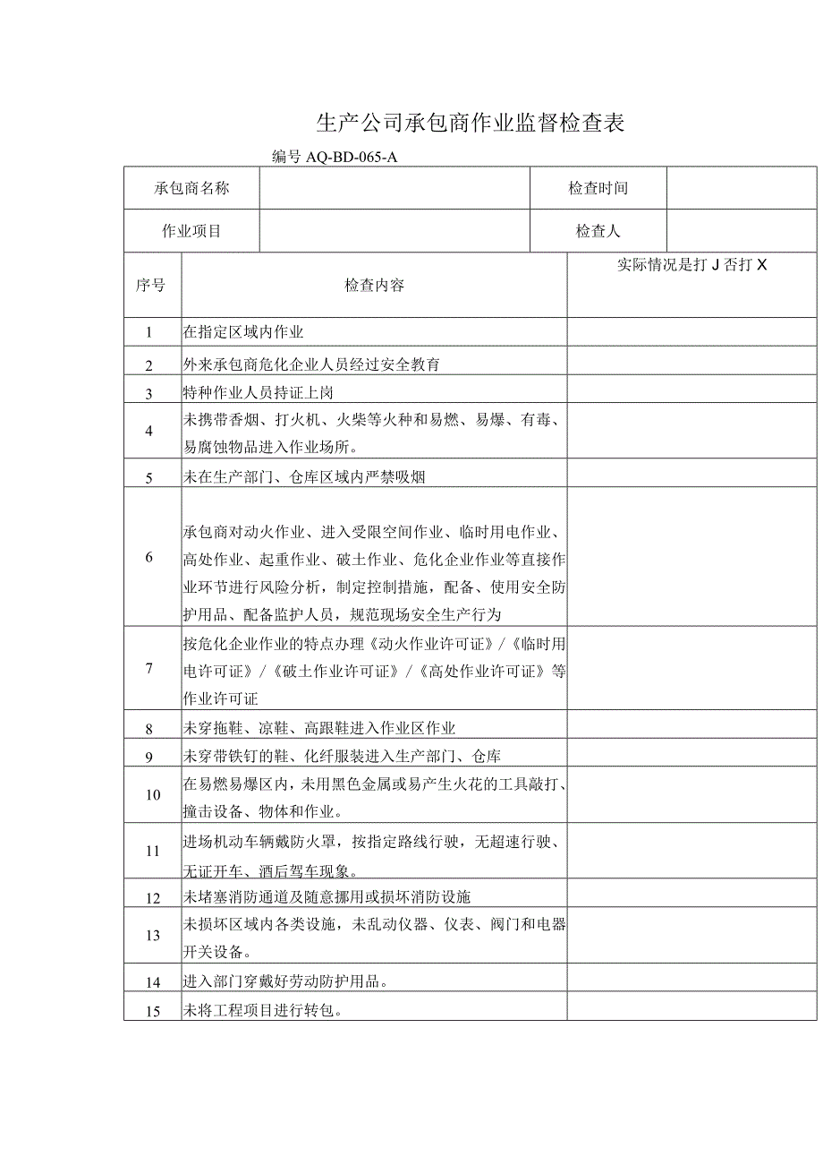 生产公司承包商作业监督检查表.docx_第1页