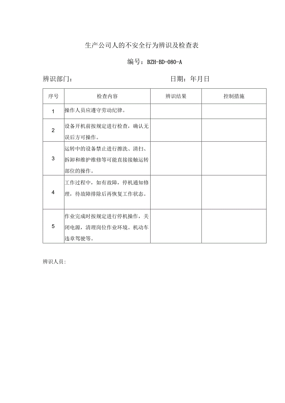 生产公司人的不安全行为辨识及检查表.docx_第1页