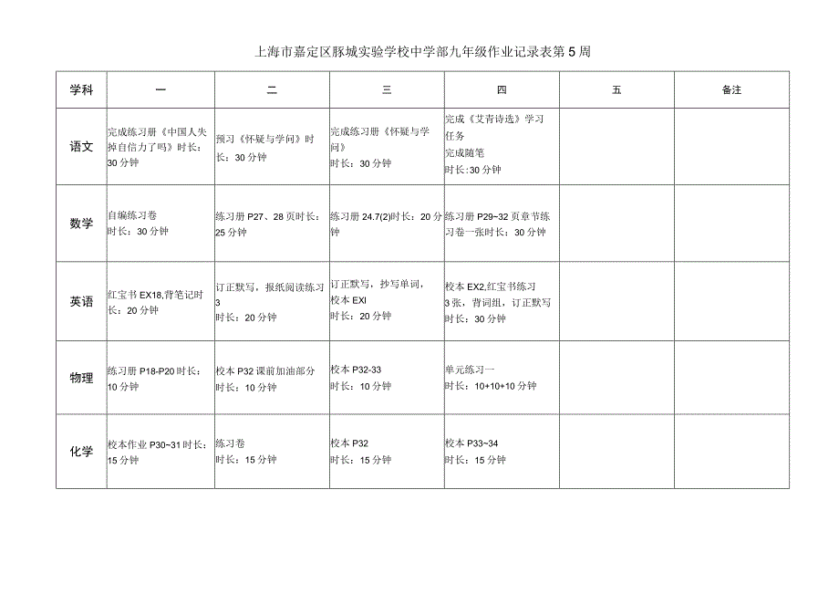 上海市嘉定区疁城实验学校中学部九年级作业记录表第5周.docx_第1页