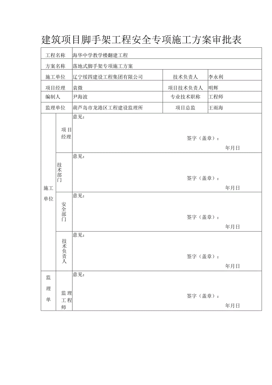 建筑项目脚手架工程安全专项施工方案审批表.docx_第1页