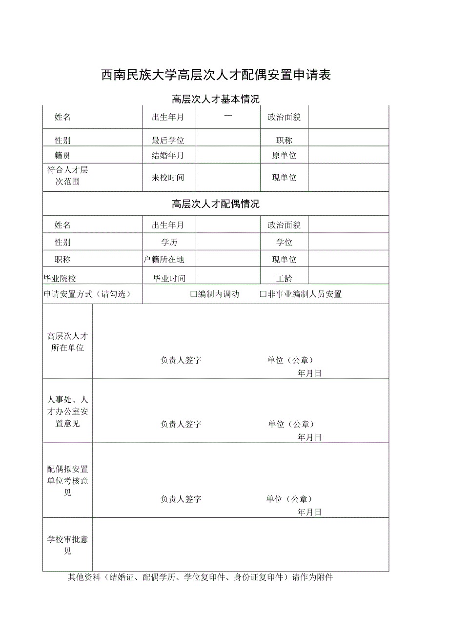 西南民族大学高层次人才配偶安置申请表.docx_第1页