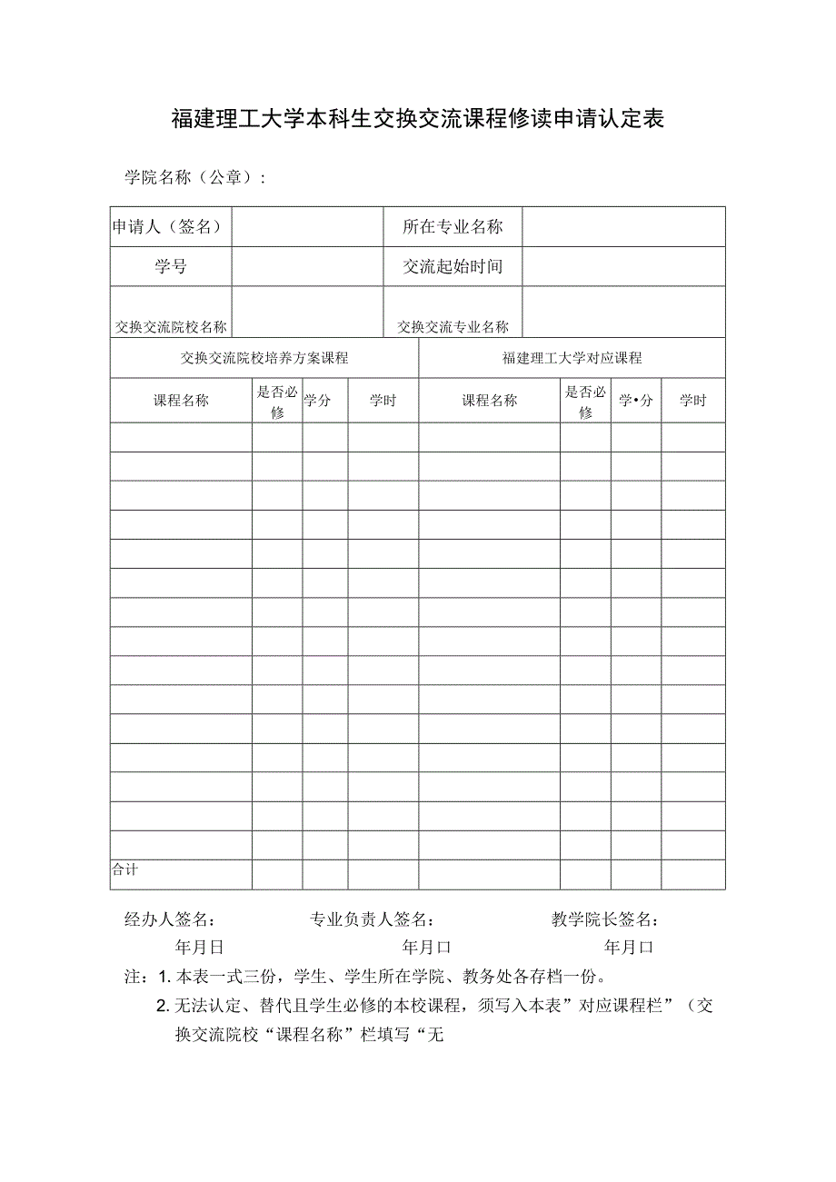 福建理工大学本科生交换交流课程修读申请认定表.docx_第1页