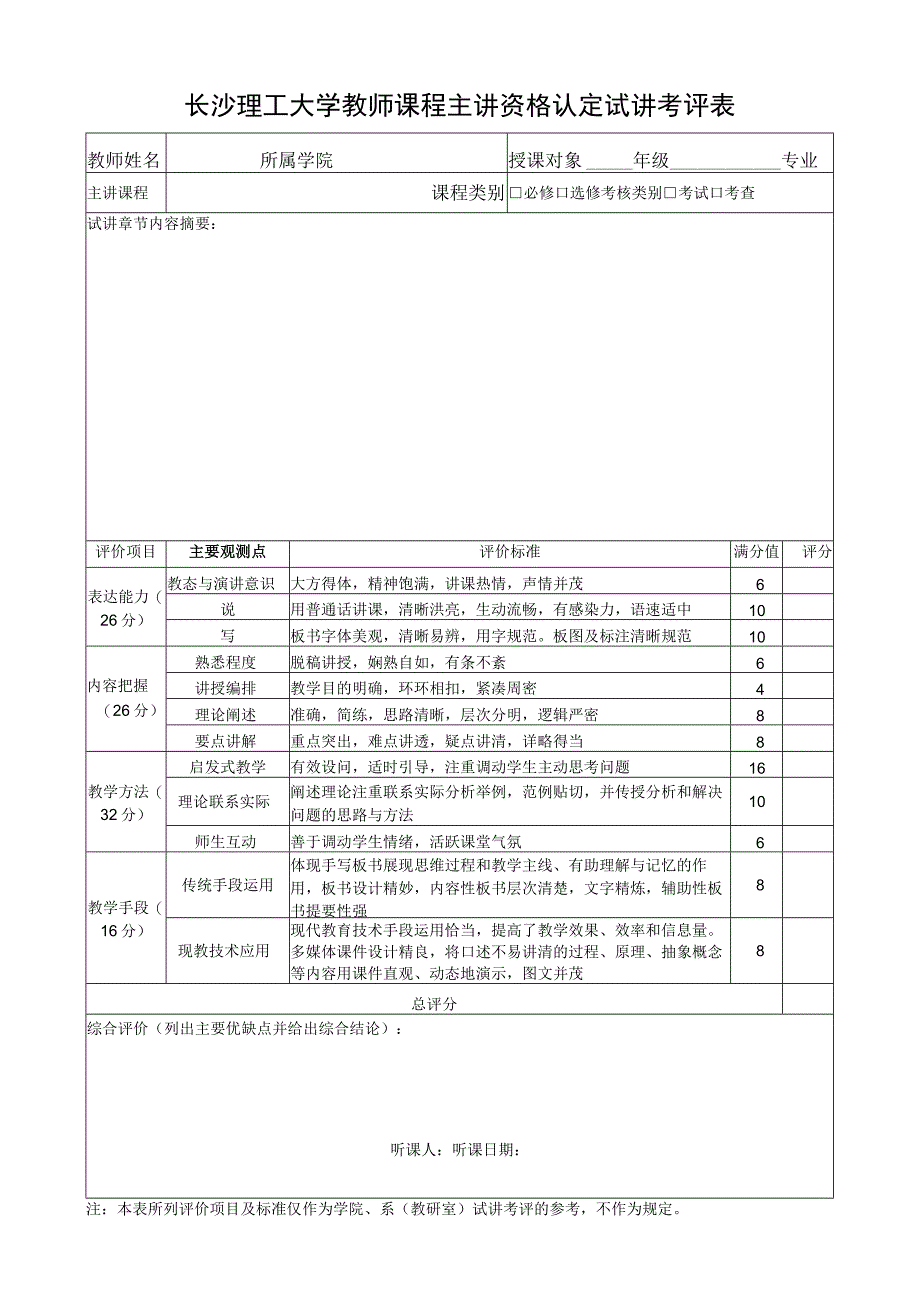 长沙理工大学教师课程主讲资格认定试讲考评表.docx_第1页