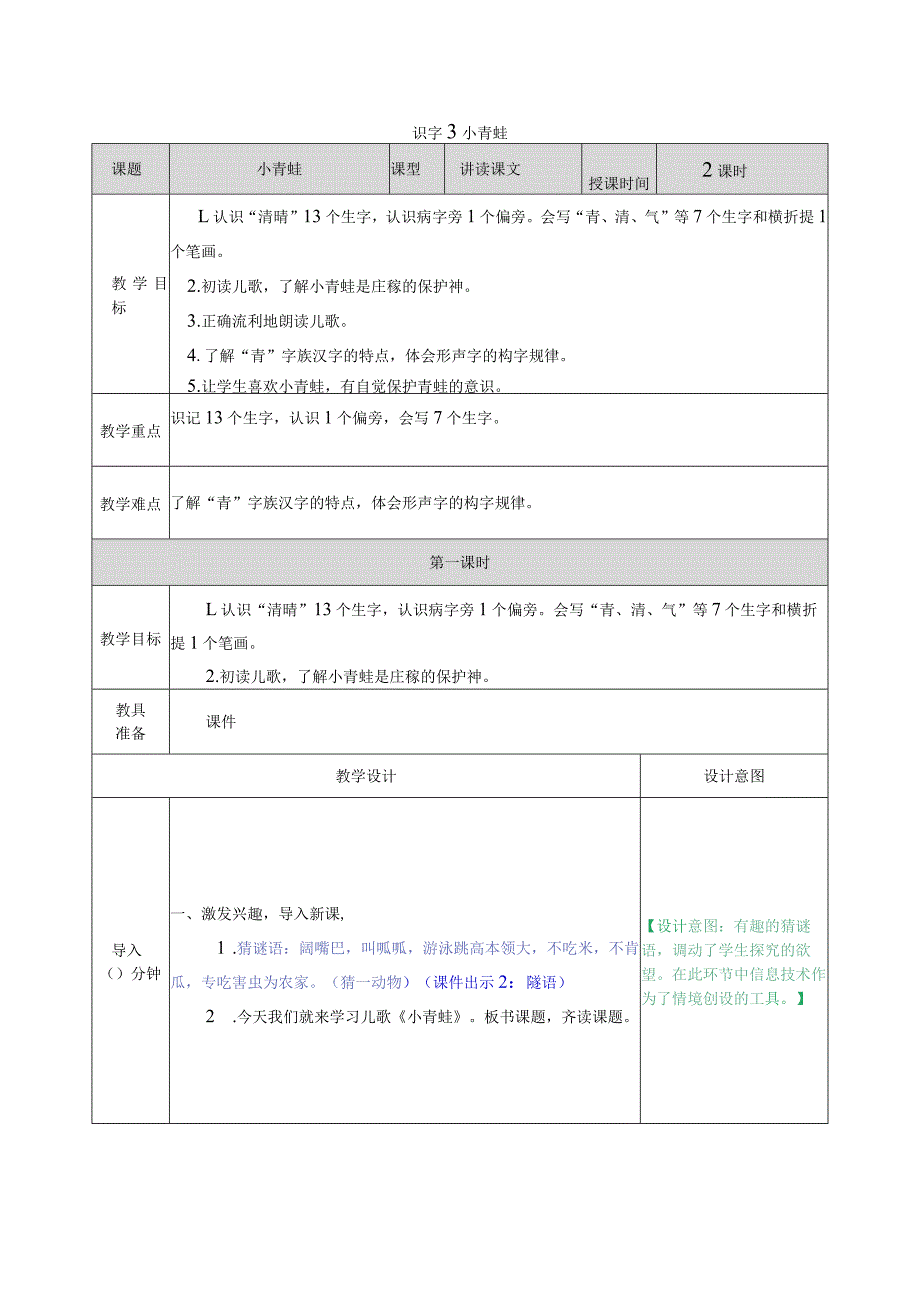 识字3 小青蛙 教学教案.docx_第1页