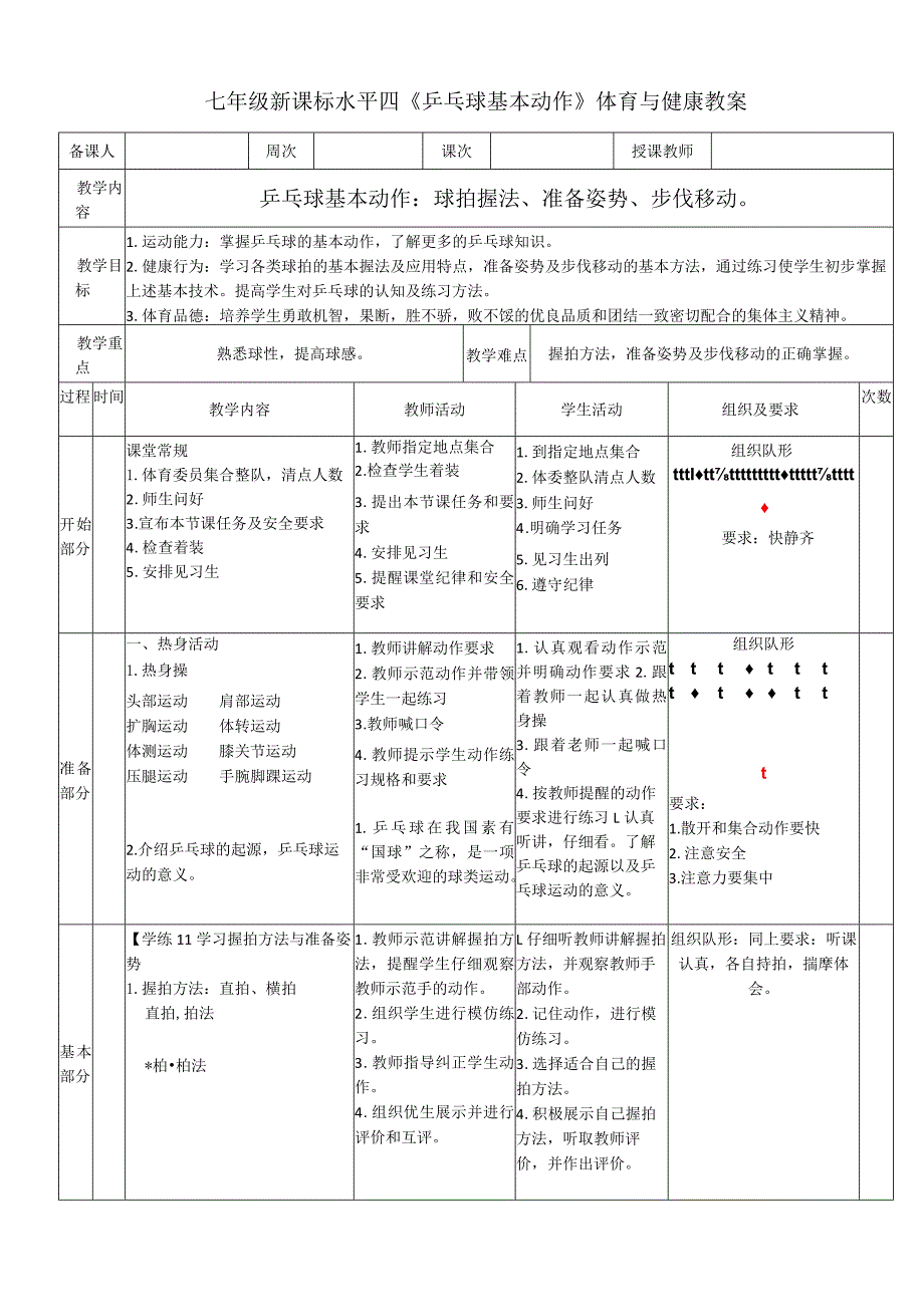 七年级新课标水平四《乒乓球基本动作》体育与健康教案.docx_第1页