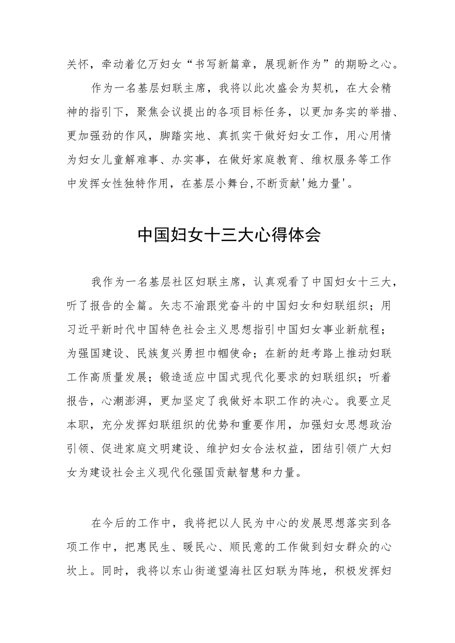 2023年妇女干部学习中国妇女第十三次全国代表大会精神的心得感悟19篇.docx_第2页