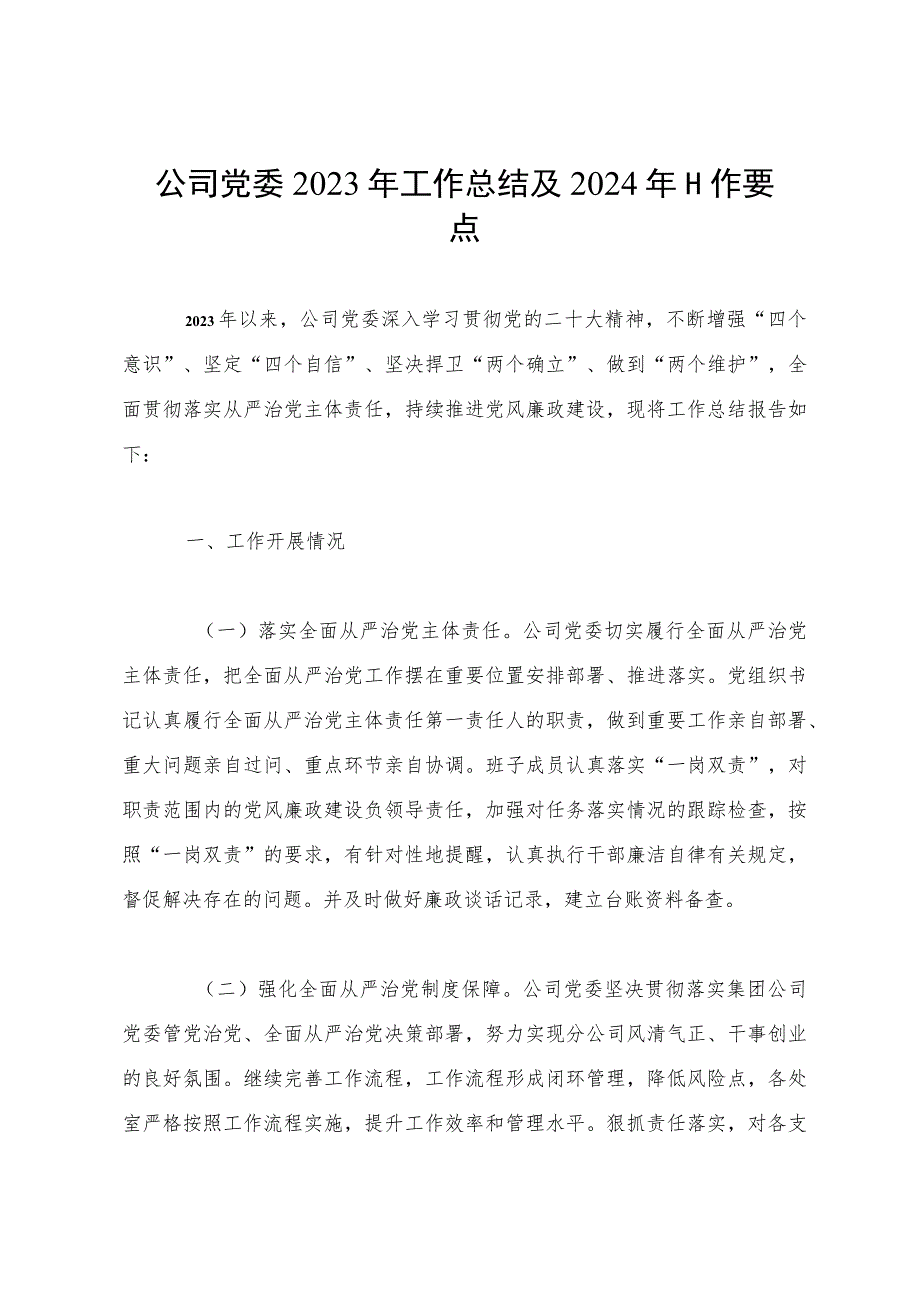 公司党委2023年工作总结及2024年工作要点.docx_第1页