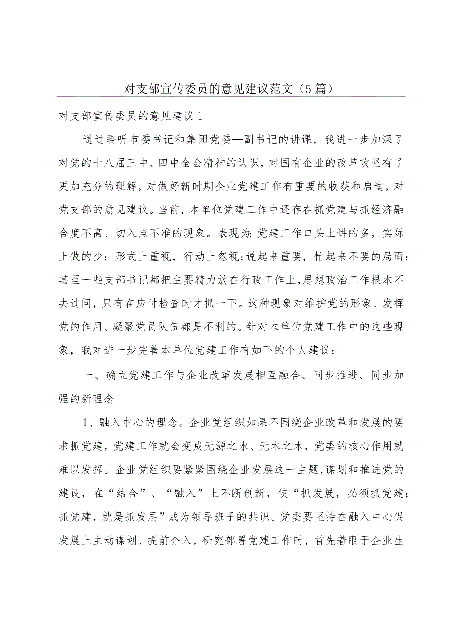 对支部宣传委员的意见建议范文(5篇).docx_第1页