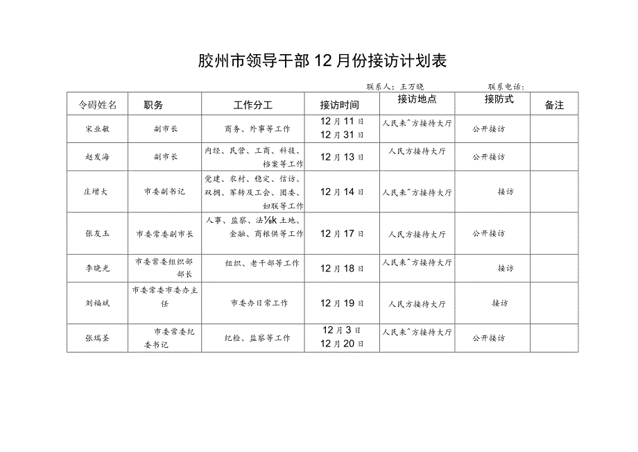 胶州市领导干部12月份接访计划表.docx_第1页