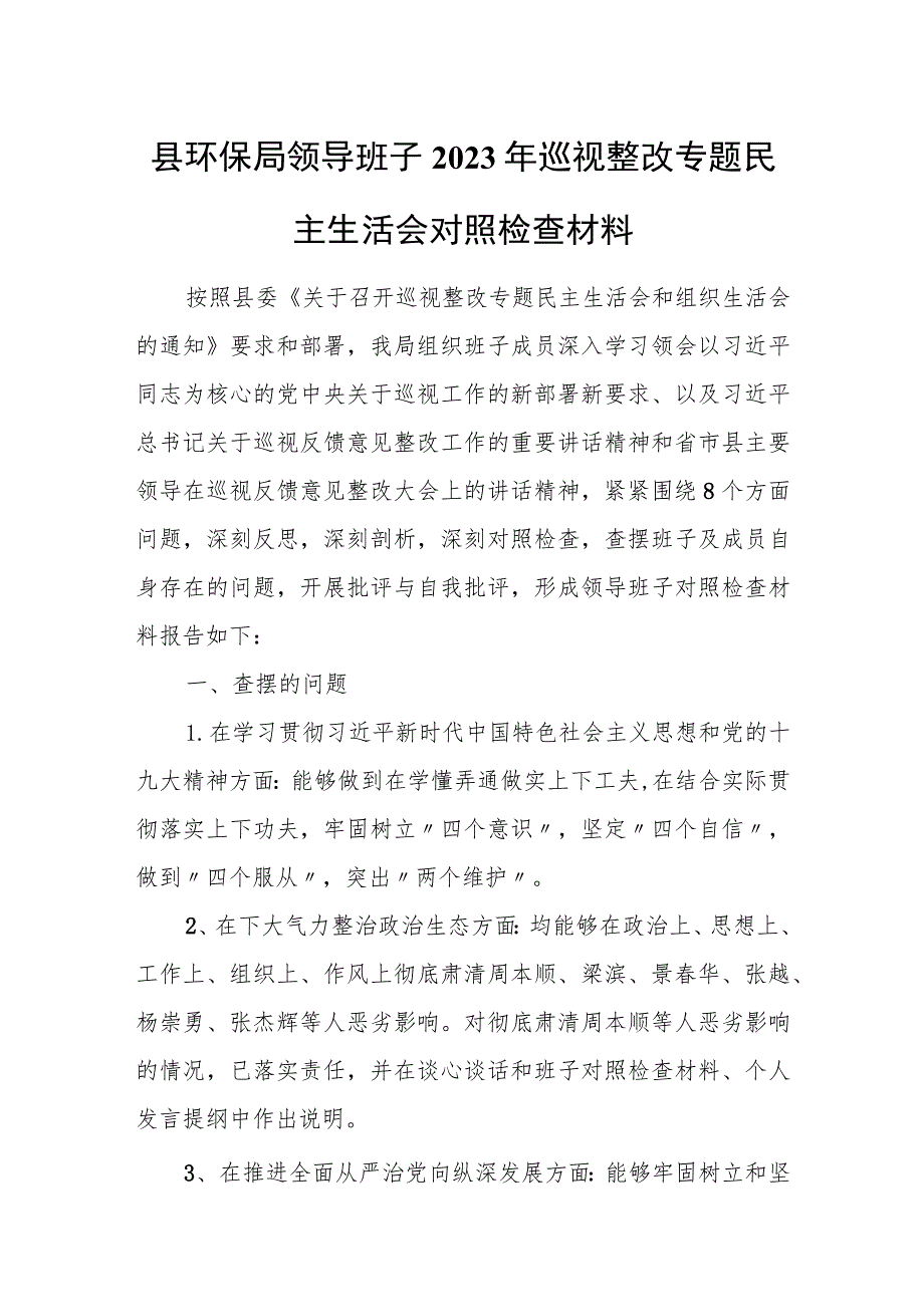 县环保局领导班子2023年巡视整改专题民主生活会对照检查材料.docx_第1页