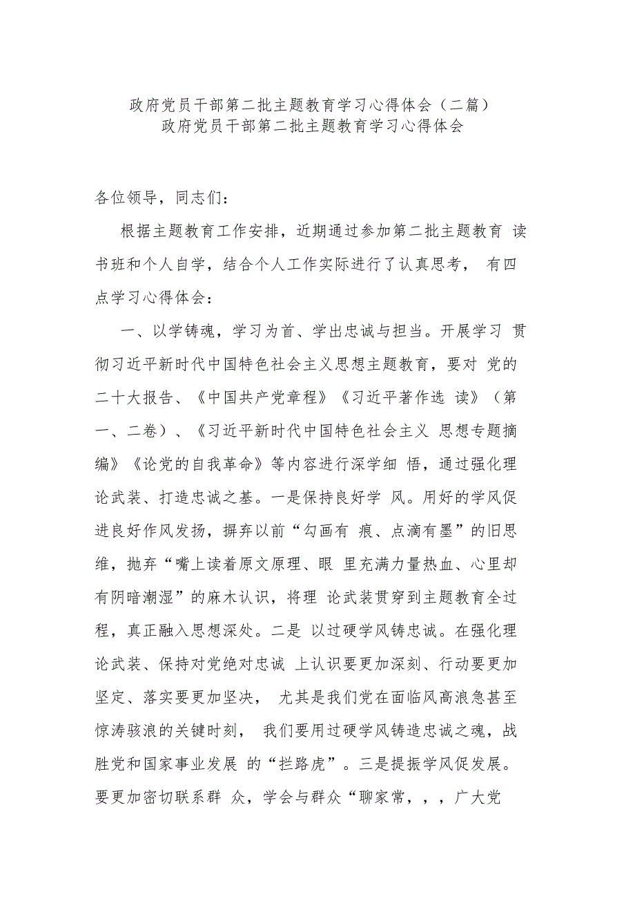 政府党员干部第二批主题教育学习心得体会(二篇).docx_第1页