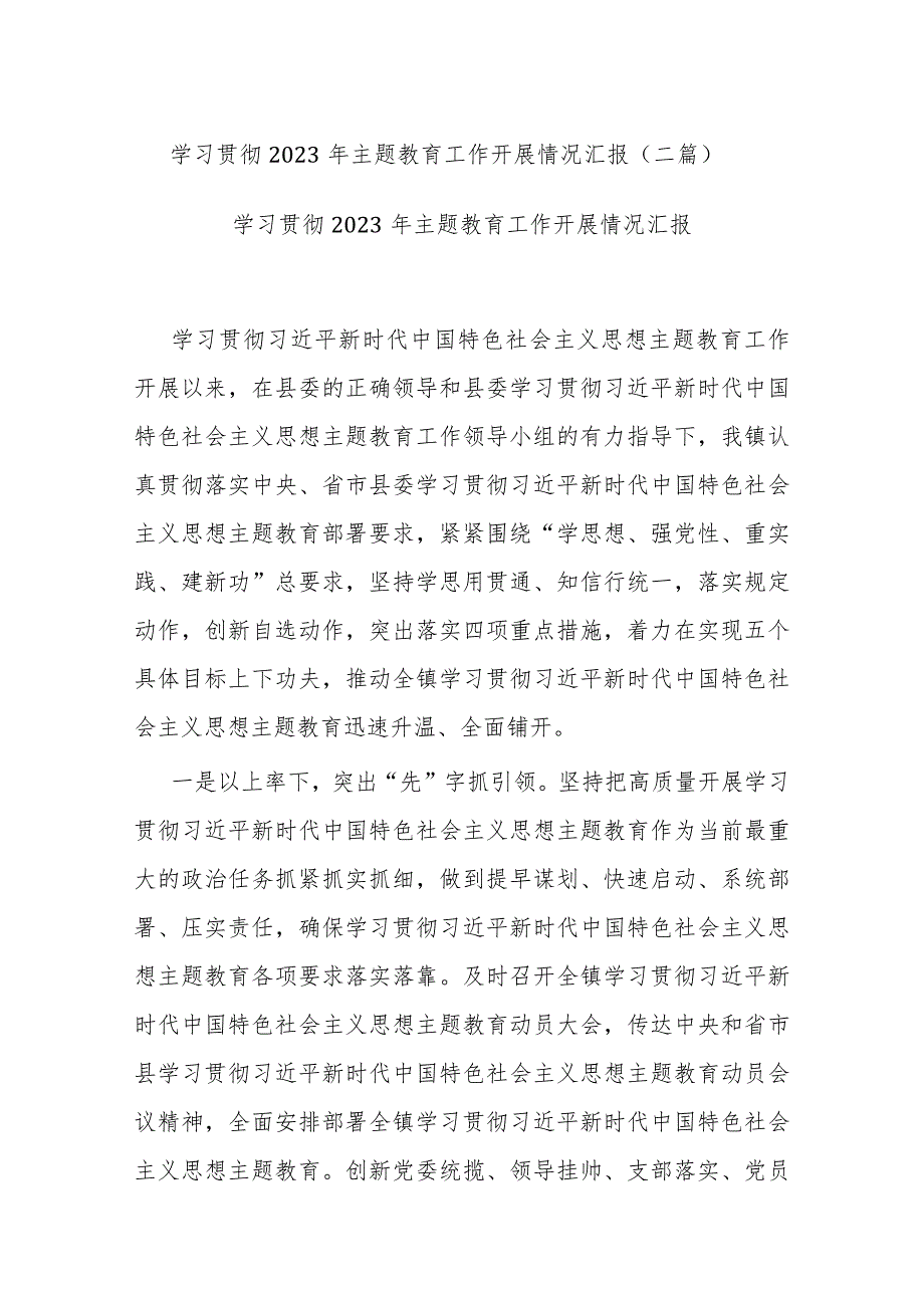 学习贯彻2023年主题教育工作开展情况汇报(二篇).docx_第1页