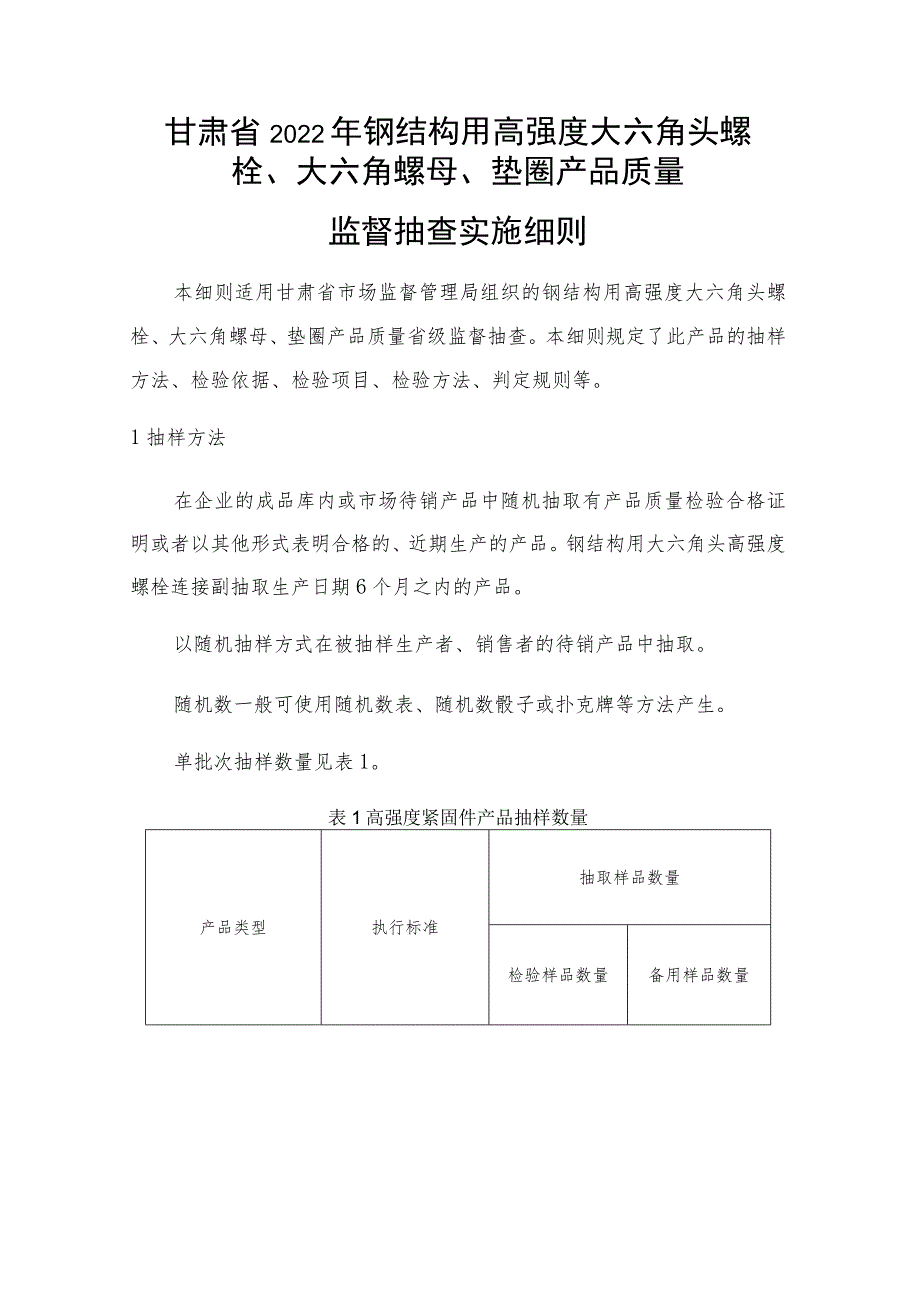 甘肃省2022年钢结构用高强度大六角头螺栓、大六角螺母、垫圈产品质量监督抽查实施细则.docx_第1页